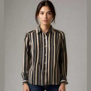 Evan Picone Tan Black Striped Silk Long Sleeve Button Down Top Blouse 3/4 XS